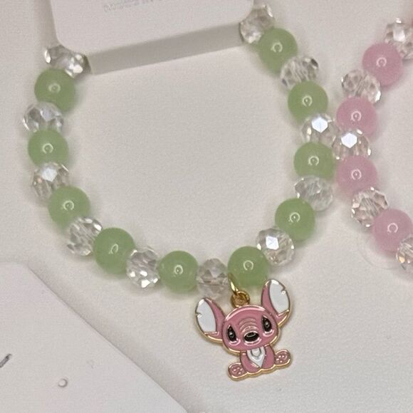 Colorful Kids Beaded Stretch Bracelet Pink beads green charm - Picture 5 of 7